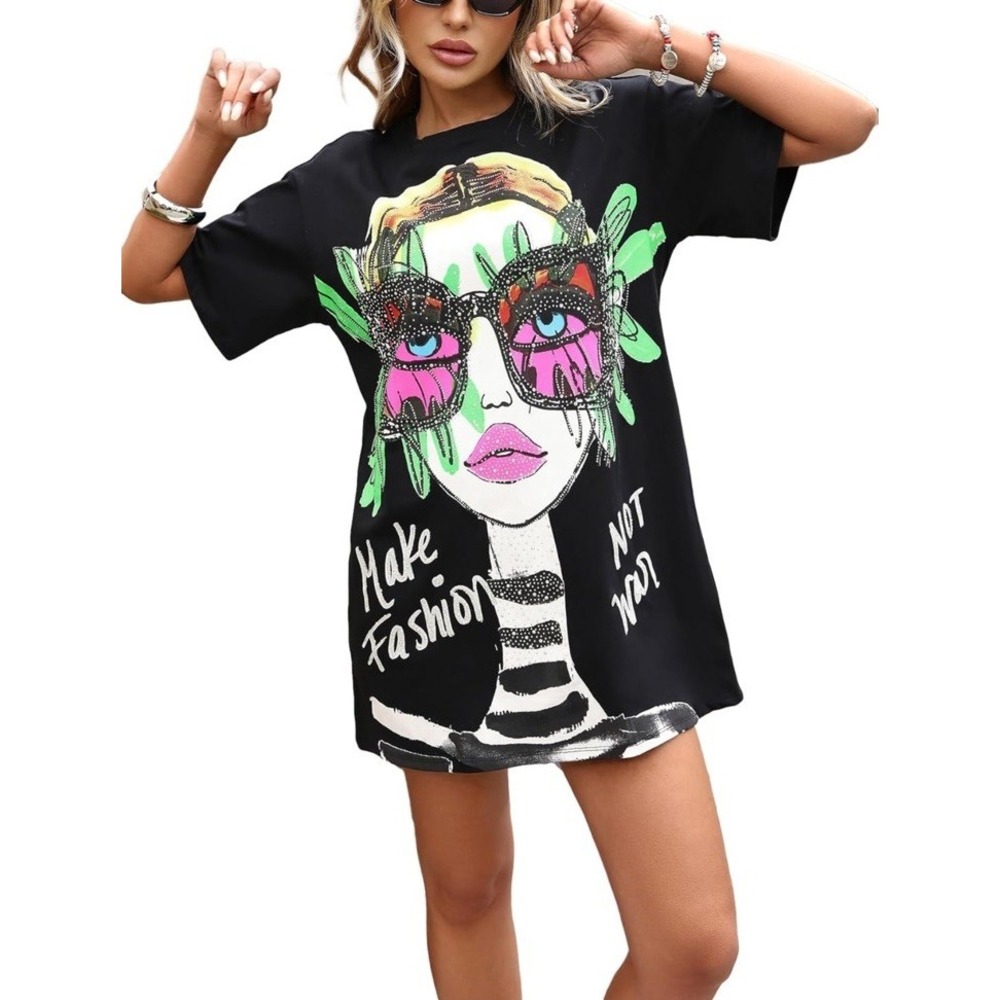 Vipwest Make Fashion Not War Graphic Rhinestone Tee Black Oversized Top Sz M